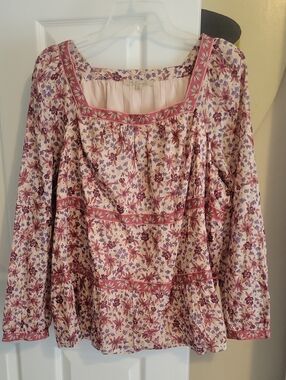 My Danielle XL Cottagecore Boho Floral Cream Pink Square Neckline Peasant Blouse